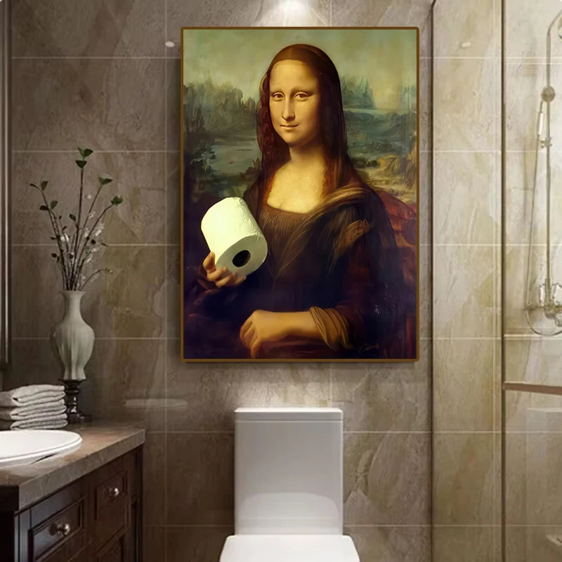 1pc Funny Abstract Bathroom Toilet Home Decor, Unframed Quirky Mona Lisa Girl with Pearls Wall Art Poster for Living Room Decor