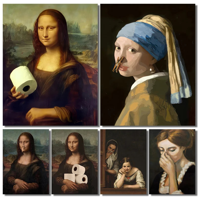 1pc Funny Abstract Bathroom Toilet Home Decor, Unframed Quirky Mona Lisa Girl with Pearls Wall Art Poster for Living Room Decor