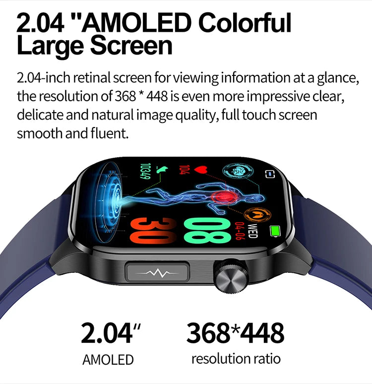 New BT Call ECG Smart Watch 2.04 Inch AMOLED Display Blood Pressure Blood Oxygen Body Temperature ET580 Smartwatch
