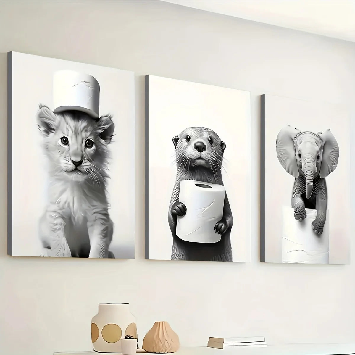 3PCS Framed Canvas Painting Ready To Hanging Monochrome Modern Fashion Animal Bathroom Art Home Decor Wall Art Room Decor Gift
