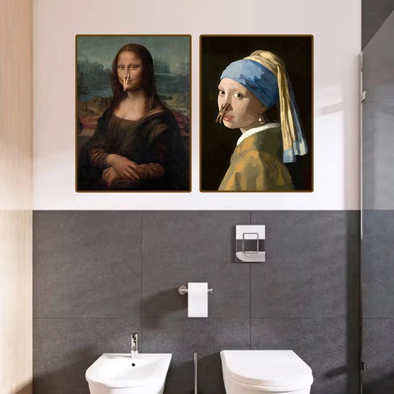 1pc Funny Abstract Bathroom Toilet Home Decor, Unframed Quirky Mona Lisa Girl with Pearls Wall Art Poster for Living Room Decor