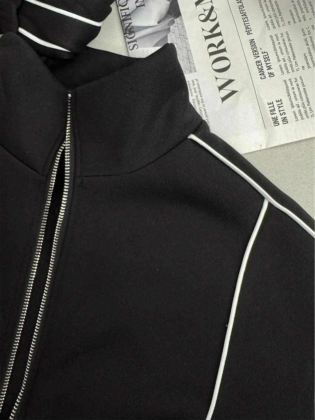 Women's Black White Stripe Zip-Up Sweat Suit Set Casual Lounge Wear