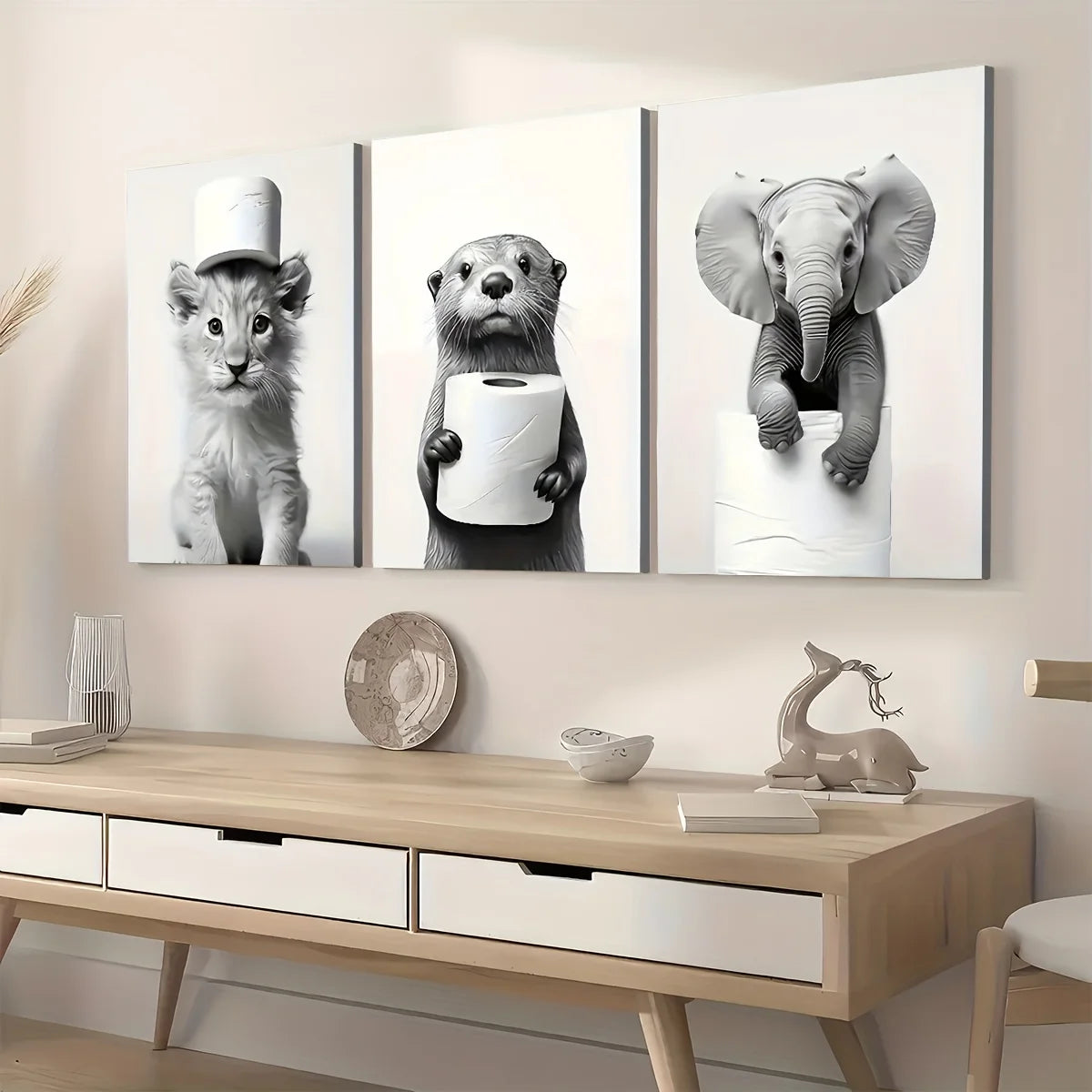 3PCS Framed Canvas Painting Ready To Hanging Monochrome Modern Fashion Animal Bathroom Art Home Decor Wall Art Room Decor Gift