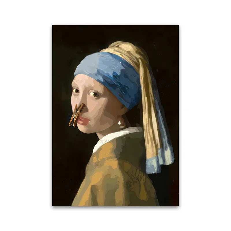 1pc Funny Abstract Bathroom Toilet Home Decor, Unframed Quirky Mona Lisa Girl with Pearls Wall Art Poster for Living Room Decor