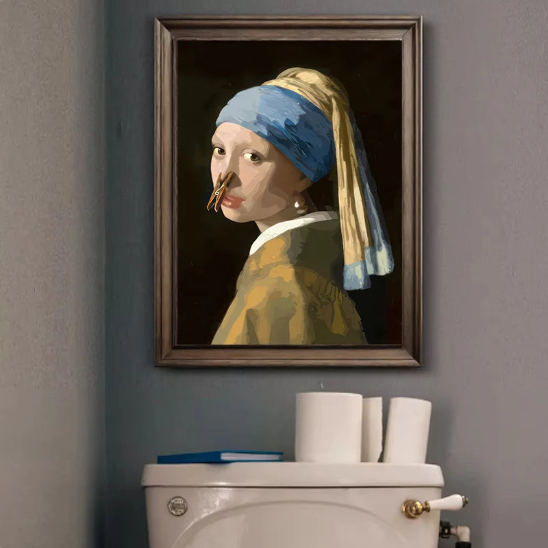1pc Funny Abstract Bathroom Toilet Home Decor, Unframed Quirky Mona Lisa Girl with Pearls Wall Art Poster for Living Room Decor