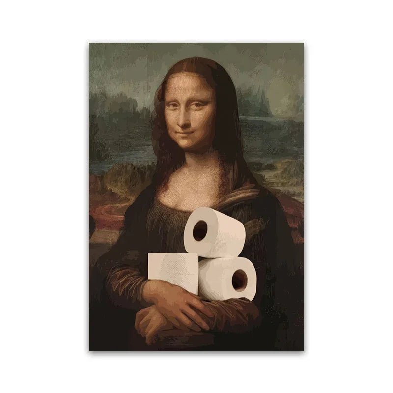 1pc Funny Abstract Bathroom Toilet Home Decor, Unframed Quirky Mona Lisa Girl with Pearls Wall Art Poster for Living Room Decor