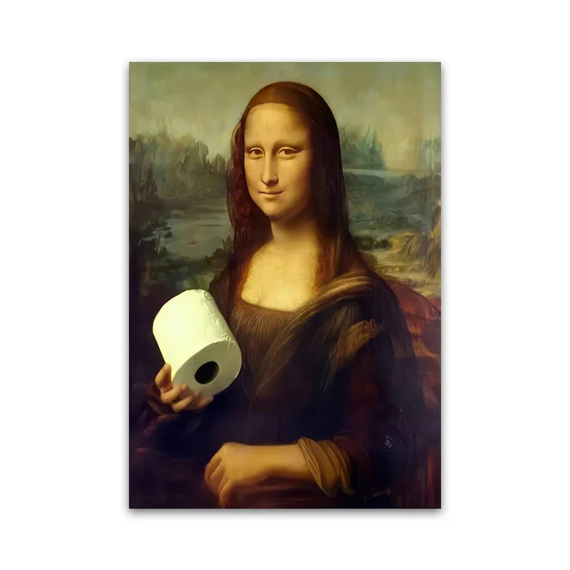1pc Funny Abstract Bathroom Toilet Home Decor, Unframed Quirky Mona Lisa Girl with Pearls Wall Art Poster for Living Room Decor